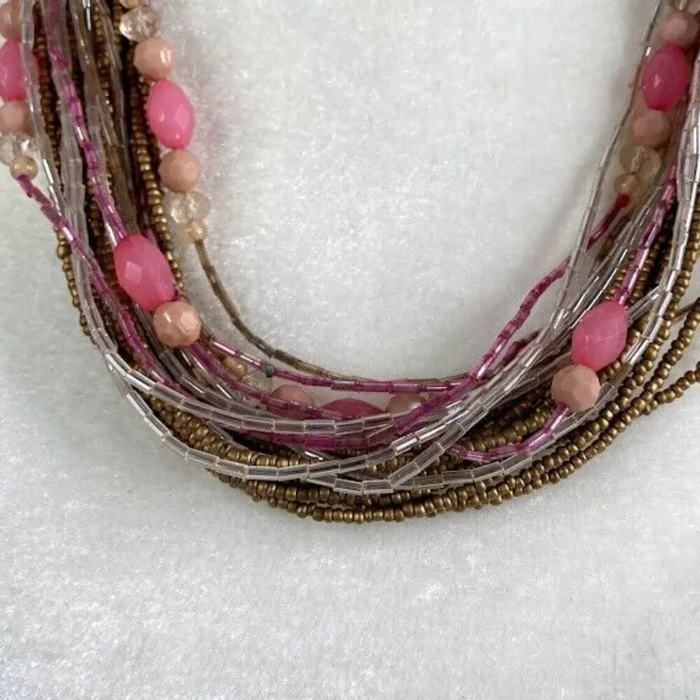 Beaded Necklace Multi Strand Twisted Seed Bead‎ Pink Clear Gold Tone Statement